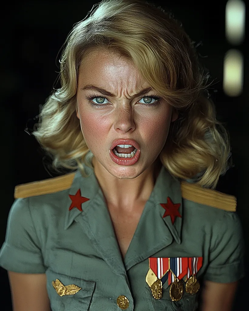 A woman with blonde hair is wearing a military uniform with red stars on the shoulders and medals on her chest. She is yelling with a wide open mouth, her face showing anger and intensity. The background is dark and blurry, highlighting her expression. Her eyes are wide and staring directly at the viewer. The image evokes a sense of urgency and command.