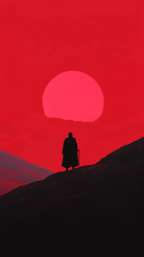The image depicts a solitary figure, silhouetted against a vibrant red sky. The figure stands on a hilltop, holding a staff, gazing towards a large, red orb that fills the upper portion of the frame. The scene evokes a sense of isolation and mystery. The stark contrast between the dark figure and the bright red sky creates a dramatic visual impact. The overall mood is one of introspection and contemplation.