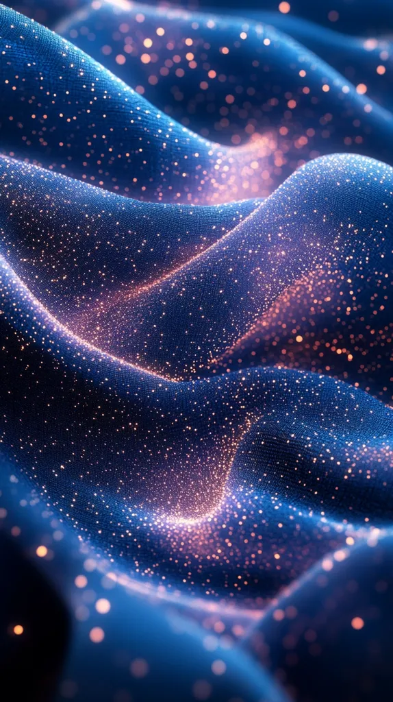 The image depicts a close-up of a shimmering blue fabric, with a delicate texture and subtle waves. The fabric is illuminated by a soft, diffused light that creates a scattered field of sparkling points, reminiscent of a starry night. The overall effect is one of ethereal beauty and delicate elegance.