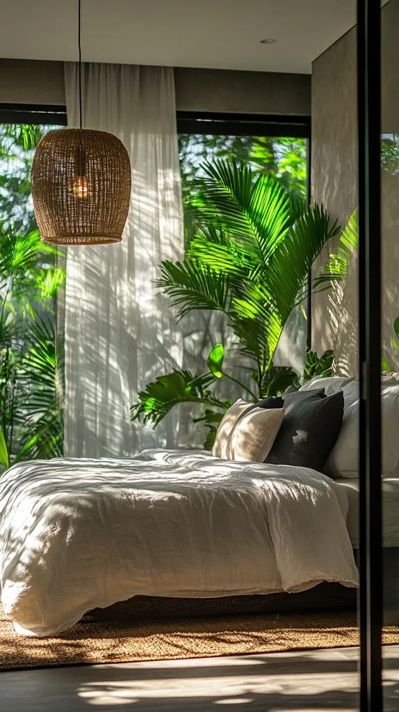 A bedroom with a large window overlooking lush green foliage. The bed is made with crisp white linens and pillows. A woven pendant light hangs from the ceiling.  Sunlight streams through the window, casting shadows on the white curtains and bed. The room has a calm and relaxing atmosphere, perfect for a peaceful retreat.