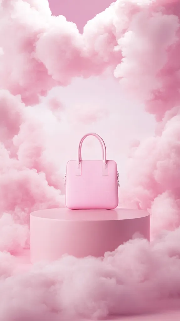 A light pink handbag sits atop a circular, pink platform. The handbag has a simple design with two small handles and a zipper closure. The background is a soft, pink, hazy cloud-like texture. The scene is simple and elegant, evoking a sense of dreaminess and femininity.