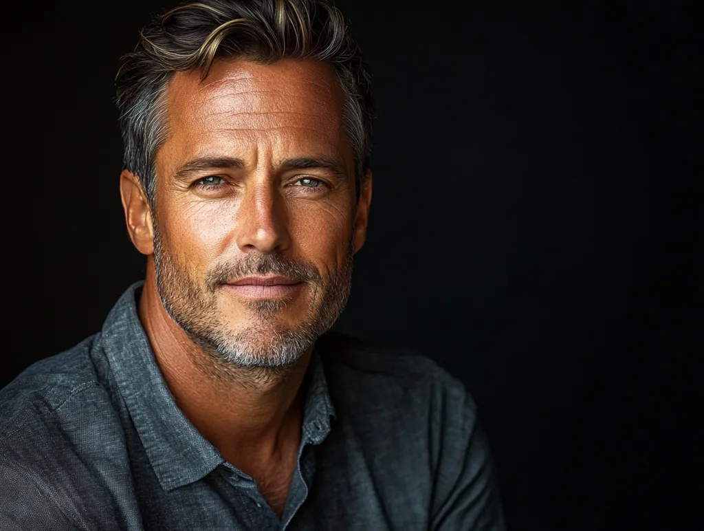 The image shows a man with salt and pepper hair, a light beard and a relaxed expression. He is wearing a dark blue collared shirt and looking directly at the camera. The background is a solid black, with the man in focus in the foreground. The lighting is soft and natural. He appears to be in his late 30s or early 40s and has a warm and approachable look.
