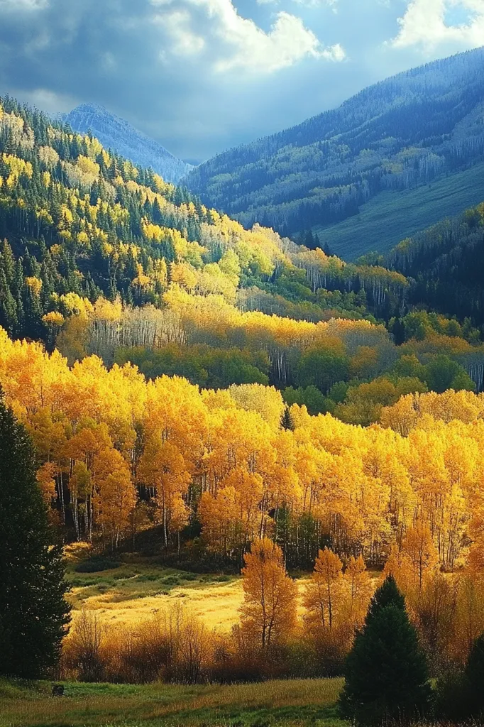 The image shows a stunning autumnal landscape. A valley is filled with vibrant yellow trees, while the surrounding hills are covered in a mix of green and yellow foliage. A dramatic sky with clouds adds depth to the scene. The light filters through the trees, casting warm hues on the ground. It's a picturesque view of nature's beauty during the fall season.