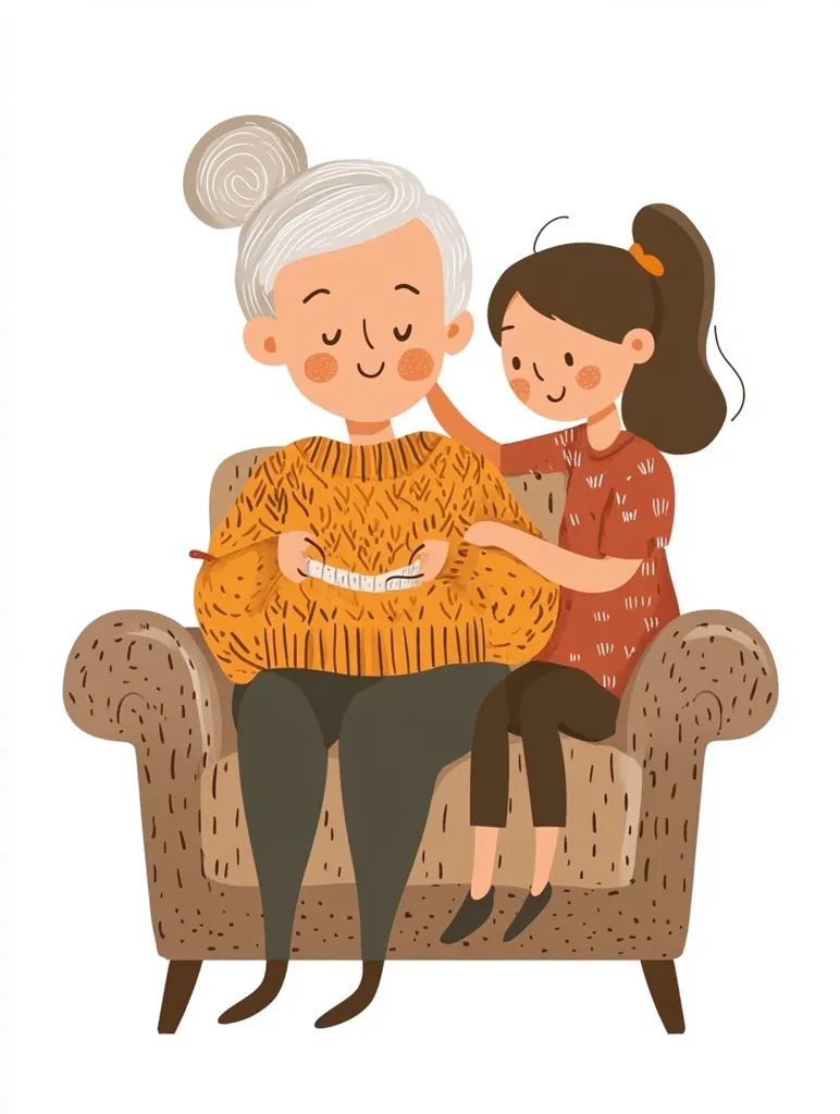 An elderly woman with gray hair sits in a plush armchair, knitting with a smile. A young girl with brown hair sits beside her, gazing at the woman with affection. The woman's orange sweater and the girl's red shirt create a warm and cozy atmosphere. They share a moment of quiet companionship, suggesting a close bond between them. The illustration captures the essence of familial love and the simple joys of shared time.