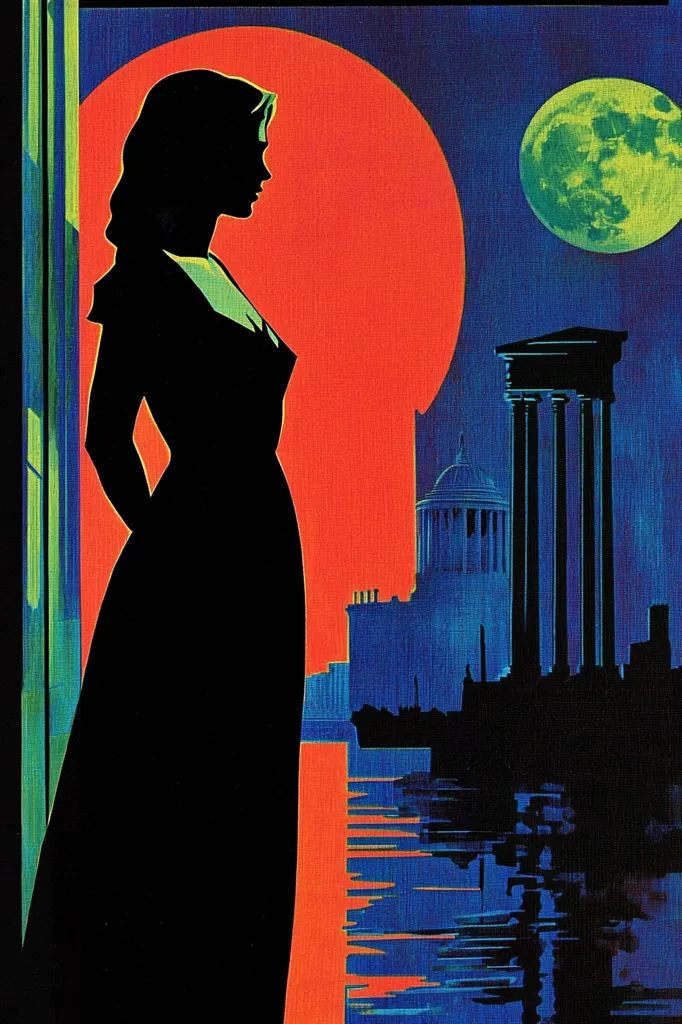 The image depicts a woman in a black dress, standing in silhouette against a large, red sun. The woman is gazing towards a city skyline with a prominent domed building and a columned structure. The scene is rendered in a graphic, stylized manner, suggesting a vintage poster design. The contrasting colors and bold forms create a dramatic and evocative mood.  The image suggests a sense of mystery and longing, with the woman's silhouette symbolizing a solitary figure contemplating the cityscape.  A green moon hangs in the night sky, adding a surreal touch to the composition.