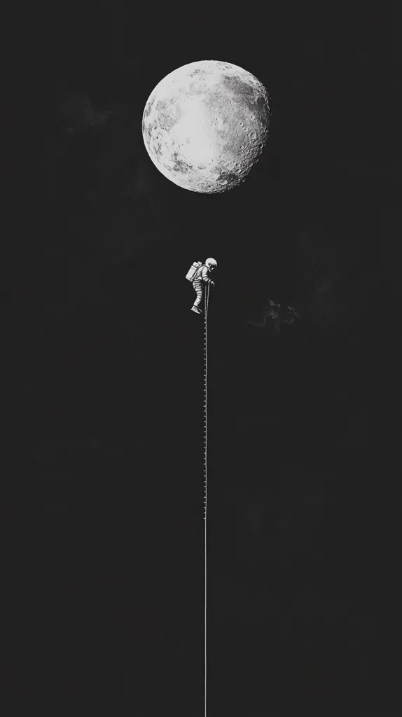 A black and white image depicts an astronaut climbing a seemingly endless ladder that stretches up towards a large, full moon. The astronaut's small figure against the vastness of space emphasizes the enormity of the moon and the journey ahead. The dark background creates a sense of isolation and mystery.