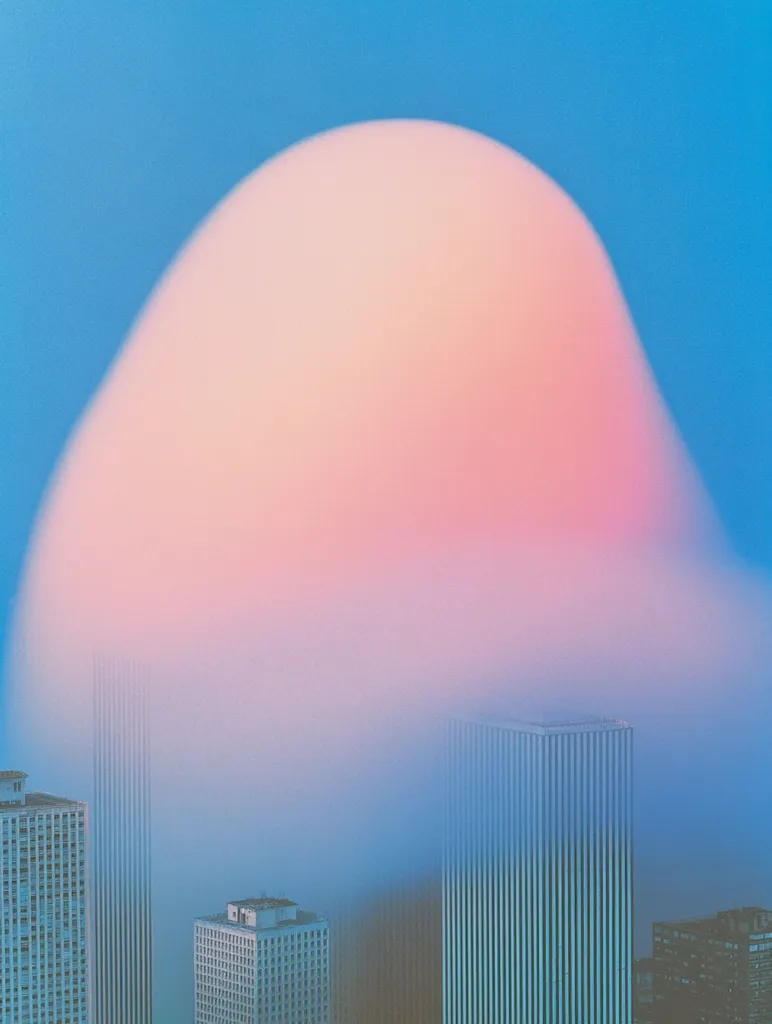 A surreal, ethereal landscape with a pink-hued cloud-like dome engulfing the tops of tall skyscrapers. The city skyline peeks out from beneath the dome, creating an otherworldly and dreamlike atmosphere. The soft blue sky fades into the pink dome, enhancing the surreal quality of the scene.
