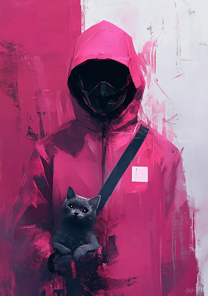 A person wearing a pink hooded jacket and a black mask is holding a black cat in their arms. The person has a black strap across their chest. The background is a blurry mix of pink and white. The painting is done in a bold and expressive style with rough brushstrokes. The overall mood is mysterious and intriguing.