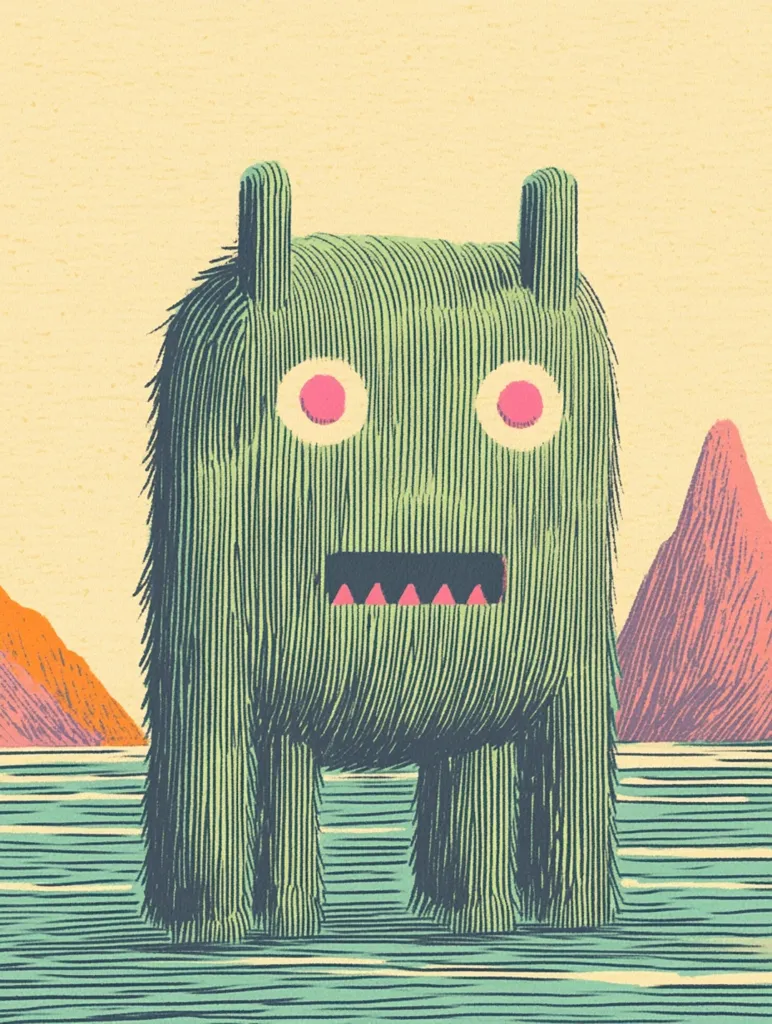 The image depicts a green, furry monster with large, pink eyes and a toothy grin, standing in a body of water. The background features stylized mountains in shades of orange, pink, and purple. The monster's fur is drawn with intricate lines, creating a textured effect. The overall style is whimsical and playful.