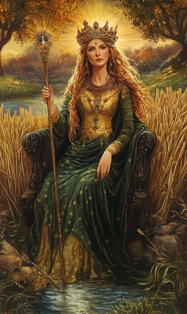 The image depicts a queen in a forest setting. She is adorned in a golden crown and a flowing green gown with gold embroidery. She holds a staff and sits in a carved wooden chair, with tall stalks of wheat surrounding her. The queen has a serene expression and appears to be a symbol of nature's beauty and power.