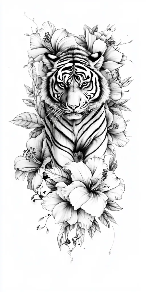 A black and white drawing of a tiger with intricate detail. The tiger is positioned in the center of the image, with its head slightly tilted, looking directly at the viewer. It is surrounded by delicate floral designs, suggesting a harmonious relationship between the animal and nature. The artist has used shading techniques to create a sense of depth and texture in the drawing.  The image evokes a sense of power, beauty, and a deep connection to nature.