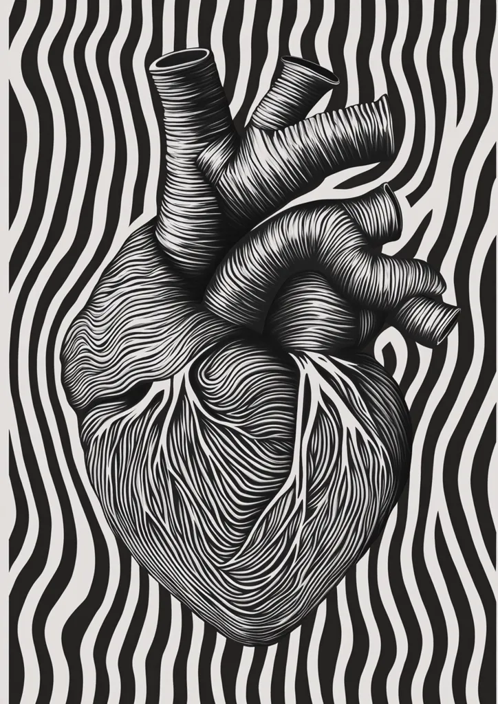 The image shows a detailed, black and white line drawing of a human heart. The heart is depicted in a realistic style, with all of its chambers and vessels clearly visible. The heart is set against a background of wavy black and white stripes. The image is striking for its detail and the contrast between the black and white. It may be a symbolic representation of the complexity of the human body.
