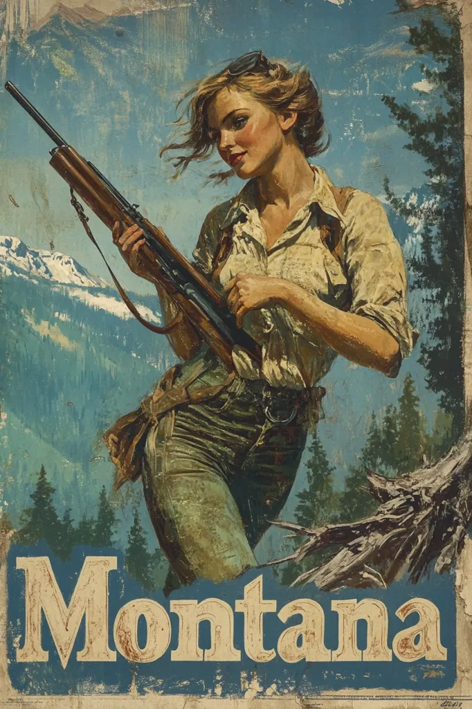 A woman with windswept hair and a determined look holds a rifle in a rugged, forested landscape. The sky behind her is a bright blue with fluffy clouds, and the mountains in the distance are snow-capped. The image is a vintage-style poster for Montana, with a worn and textured background. The word "Montana" is written in large, bold letters at the bottom of the poster. The image evokes a sense of adventure and the beauty of the American West.