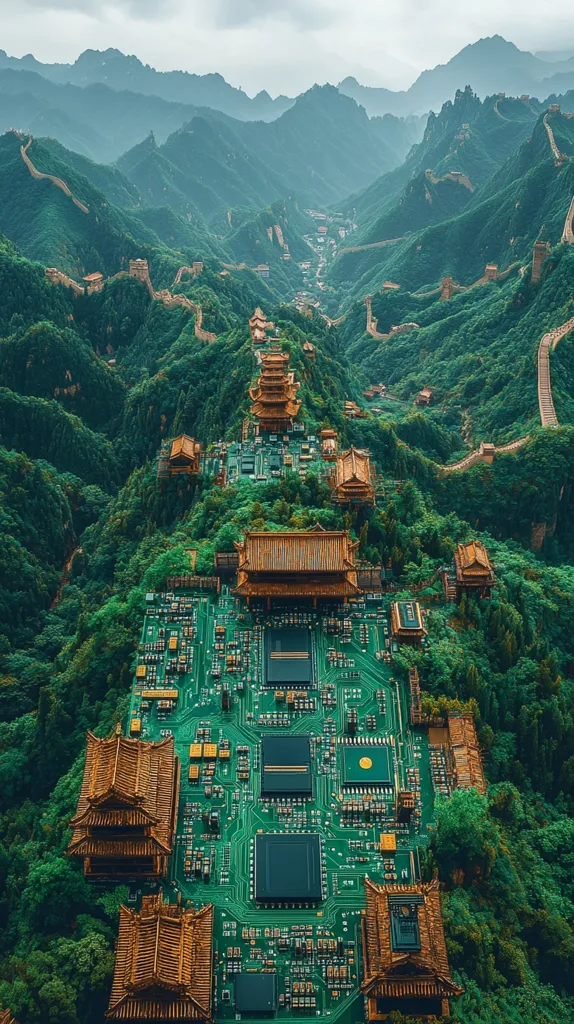 A green, misty mountain range with a winding road and buildings is depicted. The buildings are stylized as computer chips, with a circuit board pattern running down the center of the image. The scene is both natural and technological, creating a surreal and thought-provoking composition.