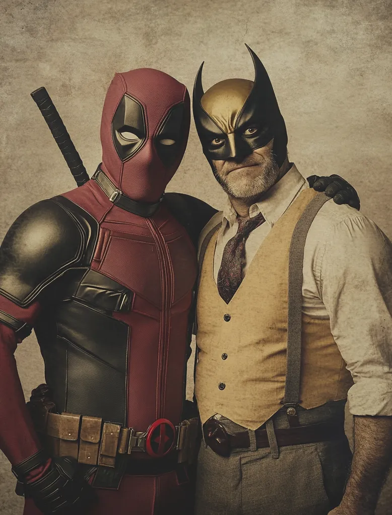 The image shows Deadpool and Wolverine dressed in costume standing together. Deadpool is wearing his signature red and black suit with a katana strapped to his back. Wolverine is wearing a yellow vest over a white shirt and brown pants. He has a serious expression on his face. The image is set against a textured, old-fashioned background.