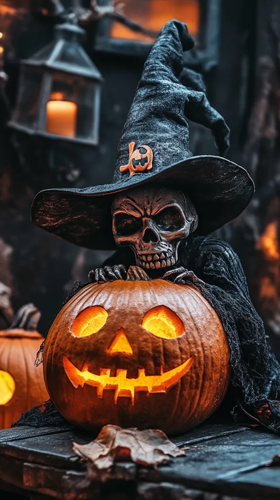 A spooky Halloween scene with a skeleton wearing a witch's hat and holding a jack-o'-lantern. The jack-o'-lantern is lit from within, casting an eerie glow on the scene. The skeleton has a mischievous grin, adding to the spooky atmosphere. A fallen leaf lies on a wooden table in the foreground.  The scene is dark and mysterious, perfect for Halloween.