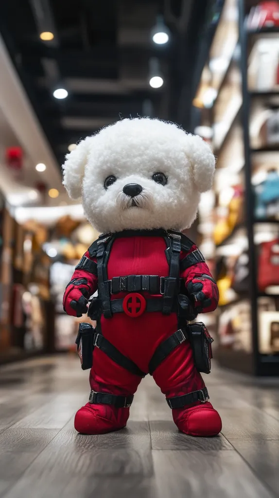 A white fluffy teddy bear is wearing a red and black Deadpool costume. It has black straps and a red belt with a black symbol. The bear is standing on a wooden floor, with a blurred background of a store.  The bear is looking directly at the camera.  It's a cute and playful image.