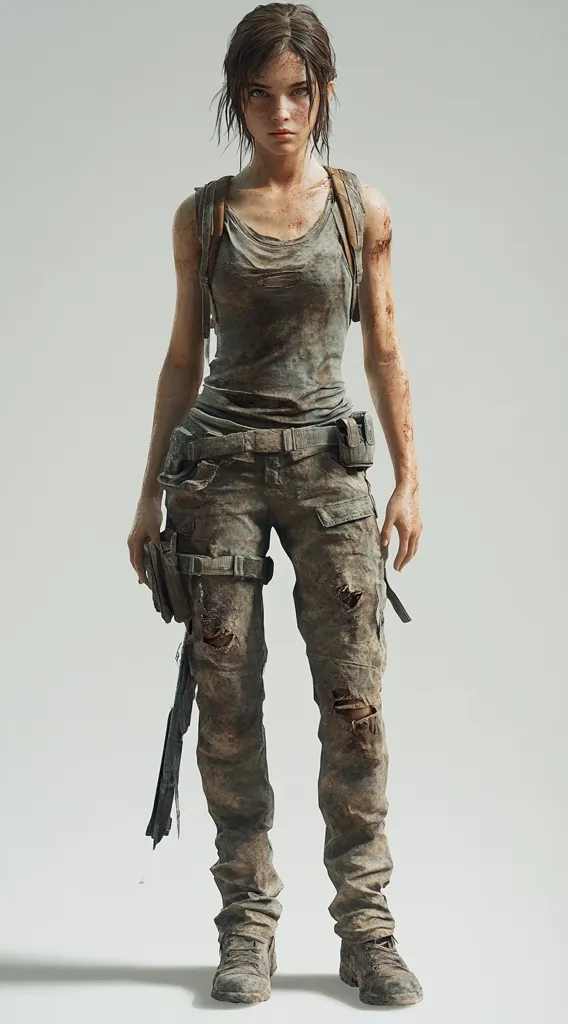 The image shows a young woman standing in front of a white background. She is wearing a dirty, ripped tank top and pants, suggesting she has been through a difficult situation. She has a determined expression on her face, looking directly at the viewer. Her attire and stance convey a sense of resilience and readiness for a challenge. The overall image suggests a theme of adventure, survival, and strength.