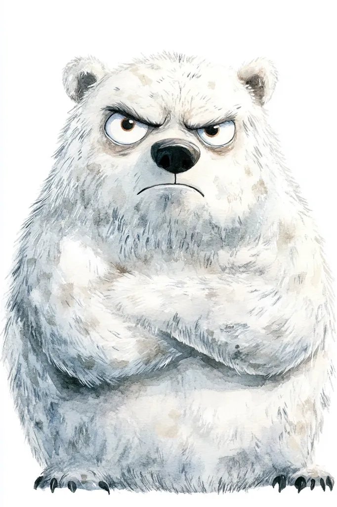 The image is a watercolor painting of a white bear with a grumpy expression. The bear has its arms crossed and a frown on its face. The bear's fur is painted in a soft, fluffy style. The background is white. The bear looks like it is ready to growl.  The image is a humorous depiction of a grumpy bear.