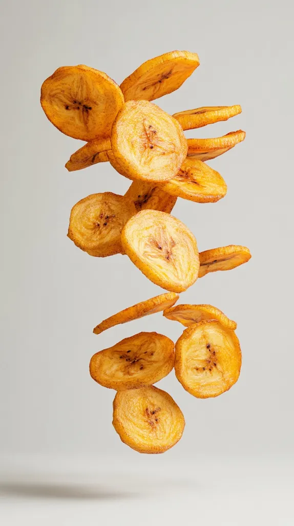 A cluster of crispy, golden-brown banana chips floats in mid-air, suspended against a plain white background. The chips are arranged in a cascade, their circular shapes and slightly uneven edges creating a playful, almost chaotic pattern. The light catches the chips, highlighting their translucence and subtle texture, suggesting a light and airy snack.  The image captures a moment of suspended motion, emphasizing the lightness and deliciousness of the banana chips.