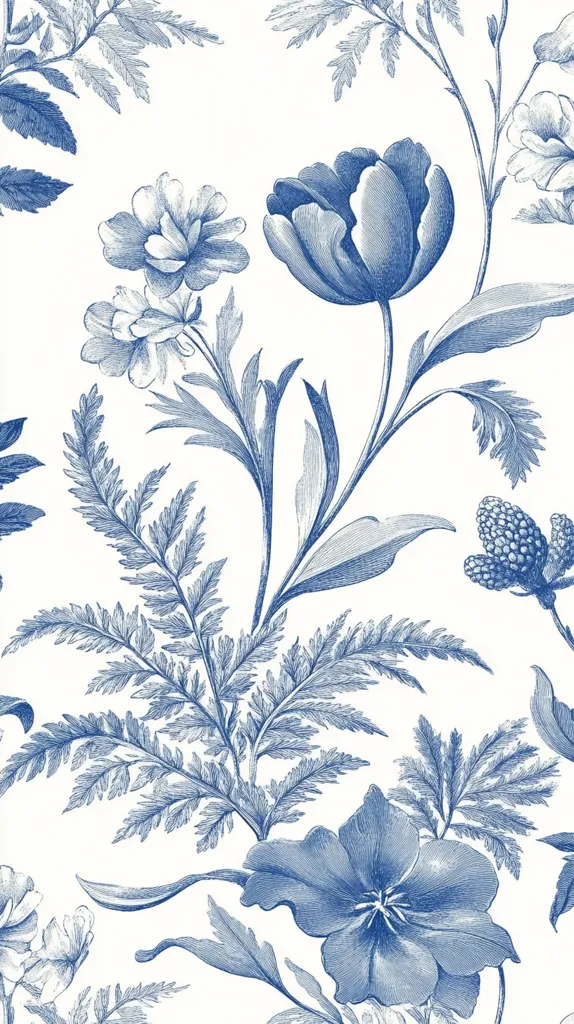 The image depicts a delicate blue floral pattern against a white background. The design features a variety of flowers and leaves, including tulips, ferns, and smaller blossoms. The intricate detail of the drawing gives the impression of a vintage botanical illustration, adding a touch of elegance and sophistication to the design.