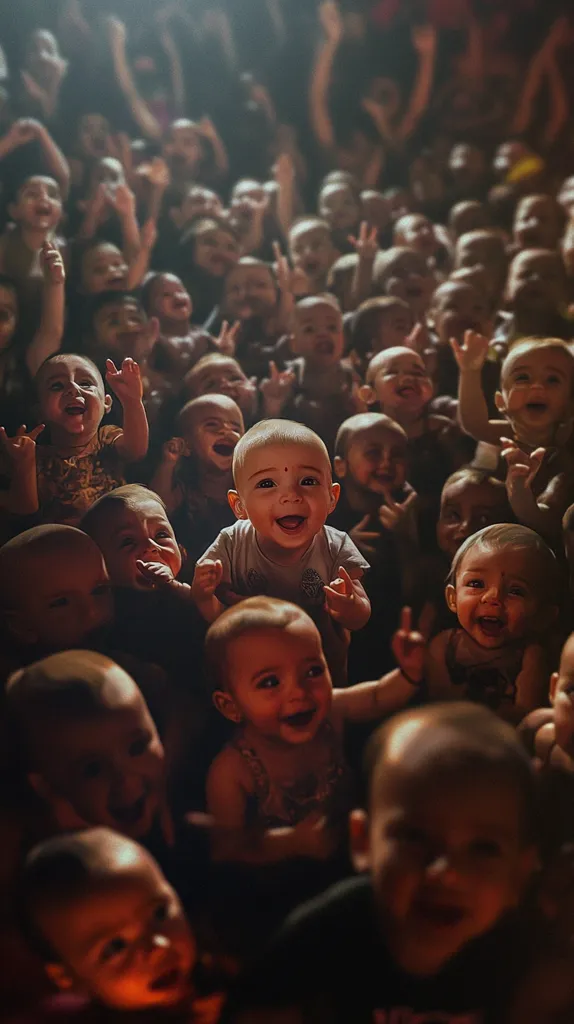 A large group of children, mostly young, are gathered together, many looking directly at the camera.  They are sitting in a darkened room, with the light coming from above.  Many are smiling, some are holding hands, and some are looking at something in the distance.  The faces of many of the children are brightly lit, and their expressions are full of life and joy.  There is a sense of community and togetherness in the image.  The scene seems to capture a special moment in time, full of happiness and innocence.