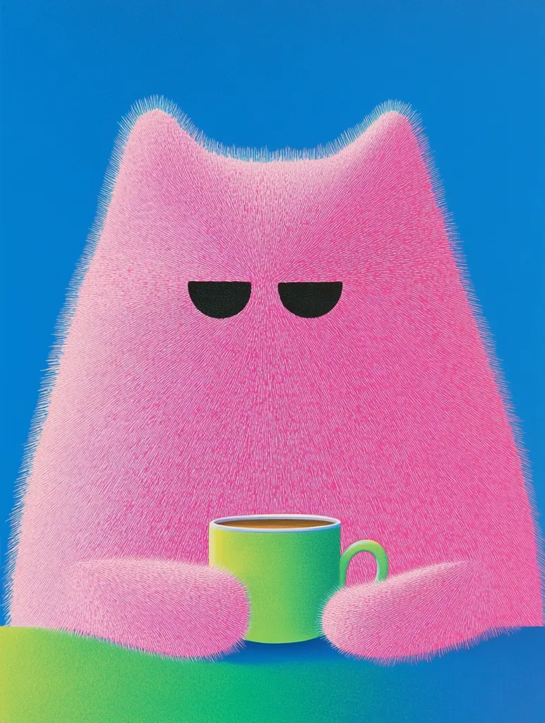 The image shows a pink, furry creature with black eyes and a serious expression, holding a green mug filled with brown liquid. The creature is positioned against a bright blue background, with a green foreground. The image is simple but striking, and the creature's expression suggests a sense of contemplation or perhaps even boredom.