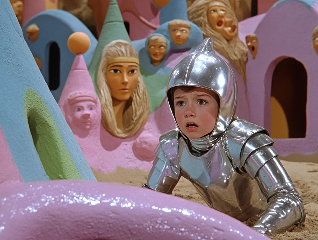 A young boy, dressed in a silver suit of armor, crawls through a surreal, colorful landscape made of sand and giant sculptures. The boy's face is a mixture of fear and determination, suggesting an adventure or a perilous journey. The landscape features whimsical shapes and details, adding to the dreamlike atmosphere.  The boy's small size against the large structures emphasizes his vulnerability and the challenge he faces.
