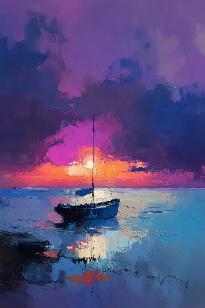A lone sailboat rests on a still body of water at sunset.  The sky is a vibrant mixture of purple, pink, and orange hues.  The water reflects the colors of the sky, creating a serene and ethereal atmosphere.  The painting is done with bold brushstrokes, giving it a textural and dynamic quality.  The overall feeling is one of peace and tranquility.