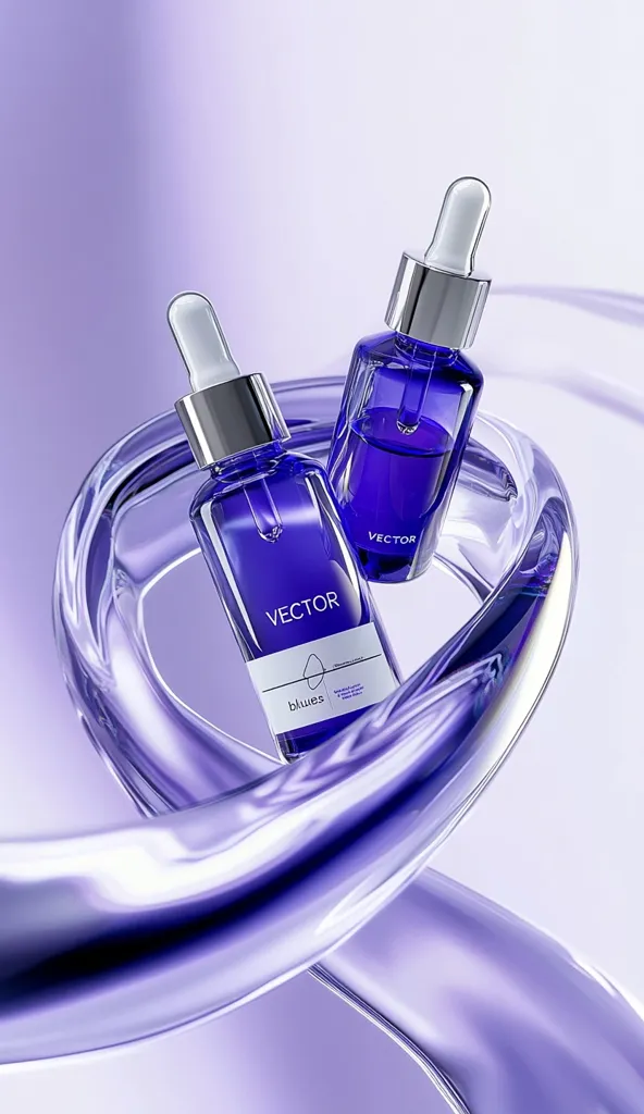 Two glass bottles of serum with dropper tops sit inside a swirling wave of liquid, all on a light purple background. The bottles are labeled "VECTOR" and one has a smaller label with the word "blues" below. The bottles are filled with a clear liquid with a light purple hue. The liquid in the wave is clear with a hint of purple.