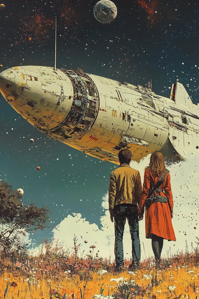 A couple stands in a field of flowers, gazing up at a large spaceship flying overhead against a backdrop of stars and a distant planet. The scene evokes a sense of wonder and possibility, suggesting a journey into the unknown. The spaceship's intricate details and the couple's hopeful expressions create a captivating story of exploration and discovery.
