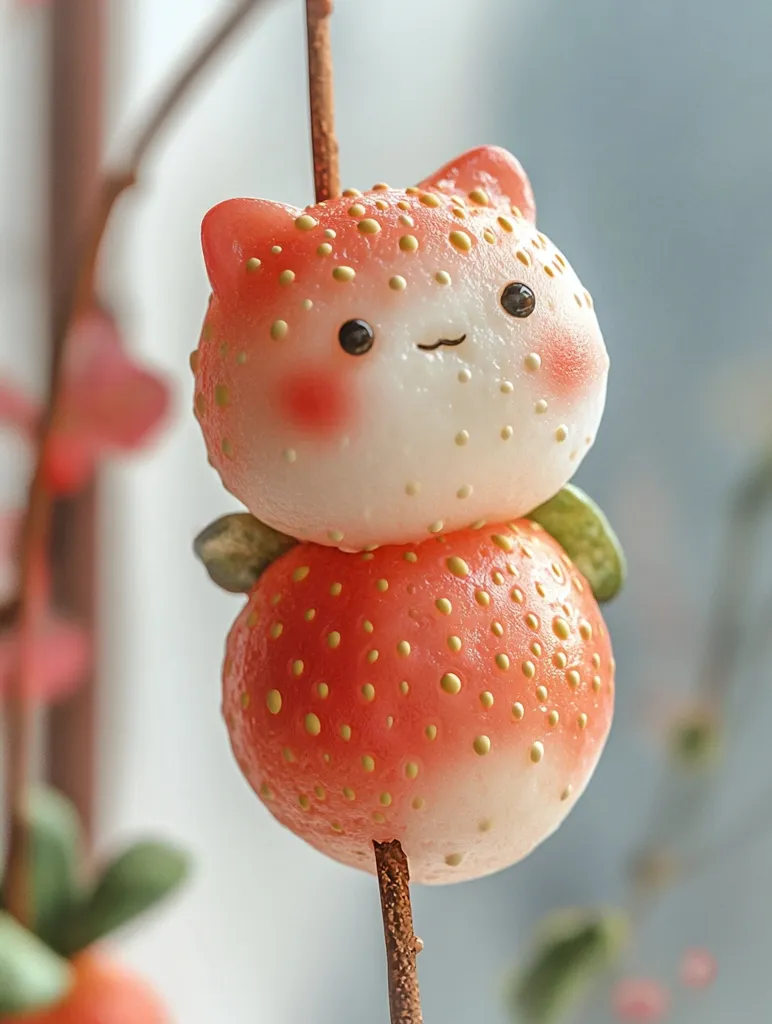 A cute, round, white mochi with a pink blush, topped with a red and white mochi that resembles a strawberry, is impaled on a wooden stick. The mochi has small, black eyes and a tiny, smiling mouth, giving it a cat-like appearance. The mochi is decorated with tiny, yellow dots that resemble seeds.  The background is blurred, and the mochi is in focus.