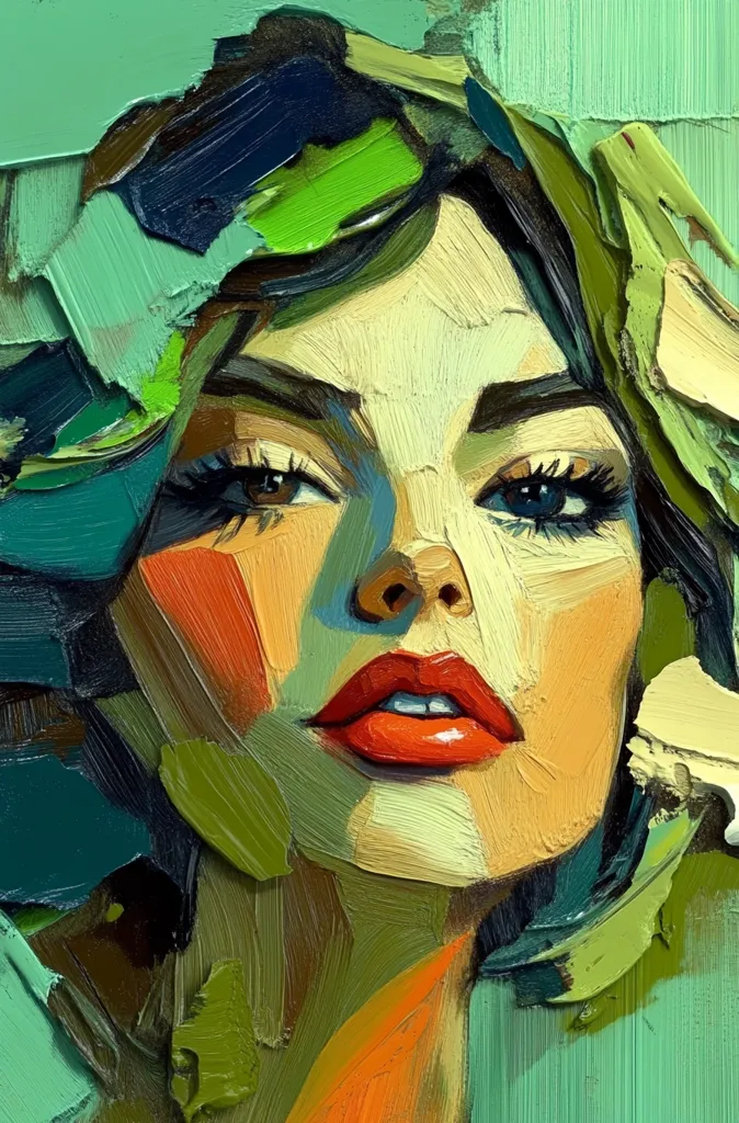 The painting depicts a woman's face, rendered in a bold and expressive style. The artist has used thick, impasto brushstrokes to create a textured surface, reminiscent of oil paint. The woman's features are highlighted with vibrant colors, particularly her bright red lips, which stand out against the muted greens and browns of her surroundings. Her eyes are full of intensity, drawing the viewer in. The composition is close-up, focusing on the woman's gaze and her sensual lips, creating an intimate and alluring mood.