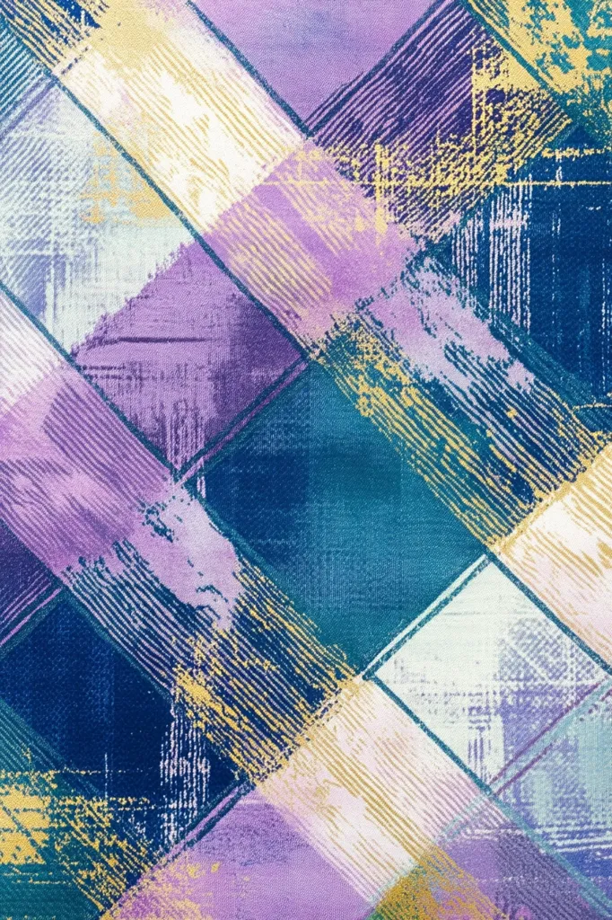 The image is a close-up of a patterned fabric. The fabric features a geometric design of diagonal lines in shades of purple, blue, and cream, creating a checkered pattern. The lines appear to be painted on the fabric, giving the design a textured and abstract look. The colors are muted and soft, creating a calming and subtle aesthetic.