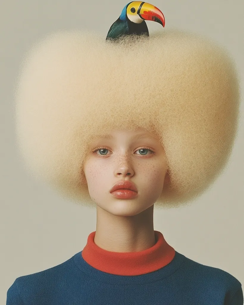 A young woman with a large, fluffy blonde afro sits in front of a plain background. She is wearing a blue turtleneck sweater with a red collar. A toucan, with a bright yellow beak, sits atop her head. The woman stares directly at the camera with a neutral expression.  She appears to be both serious and innocent.