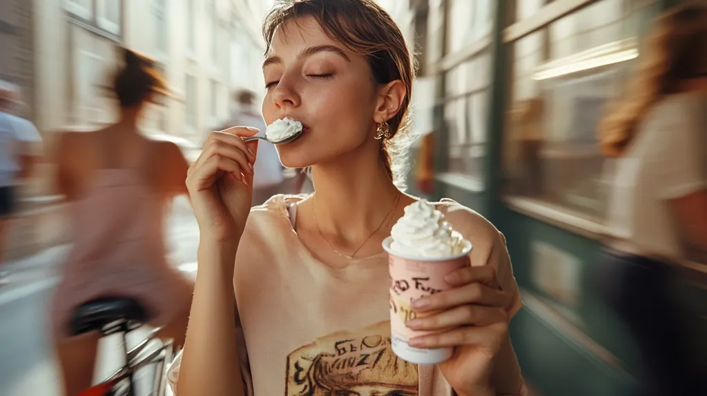 A young woman with short brown hair is enjoying a cup of whipped cream in a busy street.  She's dressed casually in a cream colored sweatshirt and is smiling as she eats. The background is blurred, but you can see people walking by.  The image captures a moment of simple pleasure in a bustling environment.