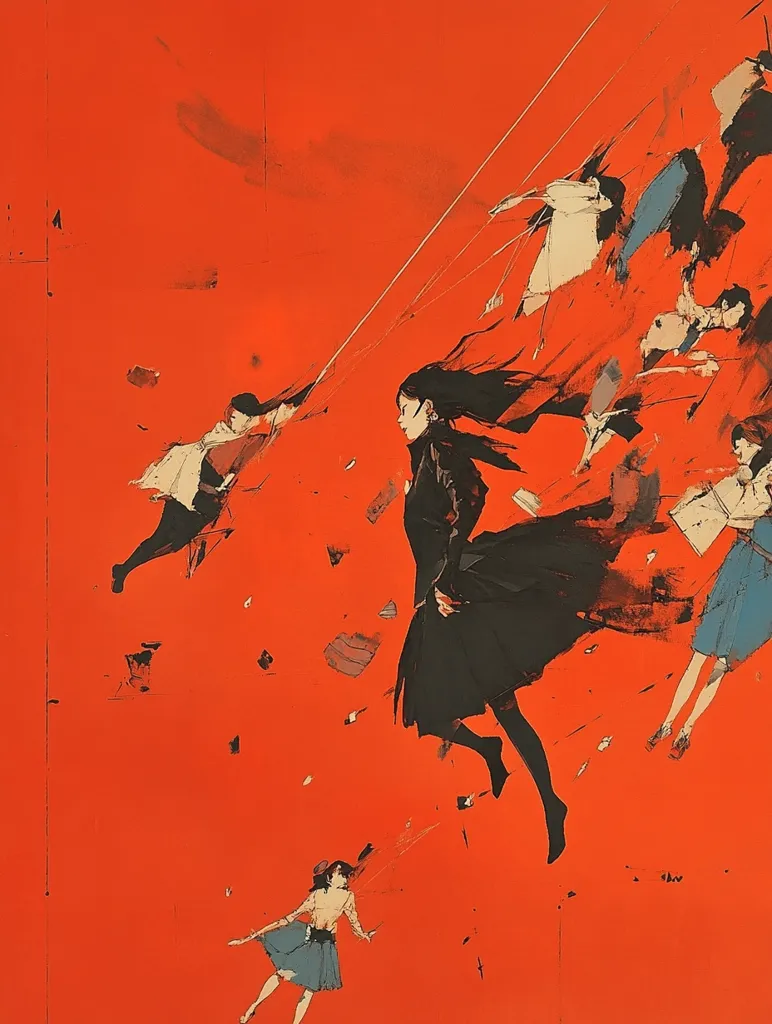 The image depicts a scene with several figures against a bright red background. The central figure is a woman with long black hair, wearing a black dress and flowing cape, seemingly suspended in mid-air. Other figures, dressed in various styles and colors, are scattered around her, seemingly floating or falling, giving the scene a dynamic and abstract feel. The overall impression is one of motion, mystery, and a sense of weightlessness.  The style of the artwork is suggestive of a manga or anime aesthetic, with bold lines and vibrant colors.