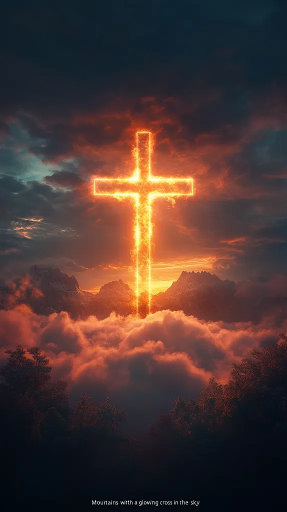 The image depicts a fiery glowing cross in the sky, hovering above a mountain range, with clouds beneath it. The sky is a fiery red and orange, with dark clouds around the edges. The mountains are dark and shadowy, with some snow on the peaks. The image evokes a sense of spirituality and wonder.