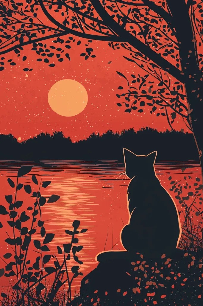 A black cat sits on a rock by a still lake, its silhouette outlined against a fiery red sunset. The full moon hangs in the sky, casting a soft glow over the landscape. The scene is quiet and peaceful, with the cat seemingly lost in contemplation.
