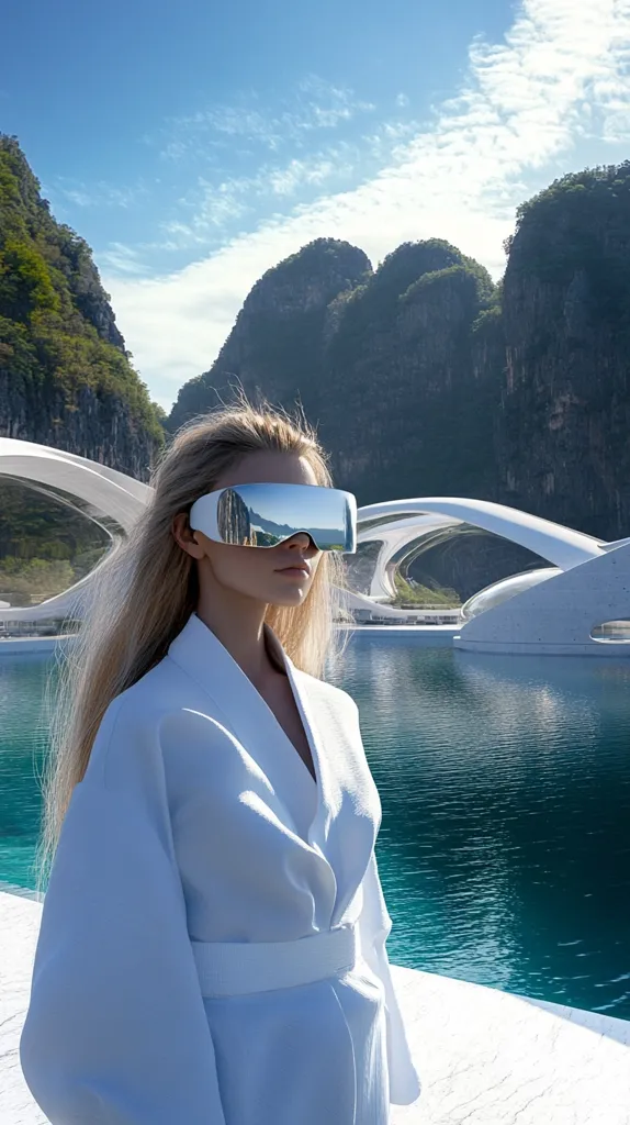 A woman with long blonde hair stands in a white robe, gazing out at a futuristic, white, arching structure across a body of water. She wears large, reflective sunglasses. Behind her, forested mountains rise from the water's edge. The scene is both serene and futuristic, hinting at a utopian society.