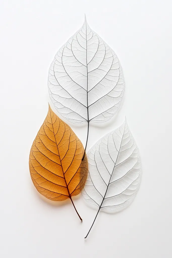 The image shows three delicate, translucent leaves against a white background. One leaf is a vibrant orange, while the other two are a pale white. The leaves are arranged in a triangular formation, with the orange leaf at the bottom and the white leaves above it. The delicate veins of the leaves are visible, giving the image a sense of fragility and beauty. The simplicity of the image and the contrasting colors of the leaves create a visually striking and captivating composition.