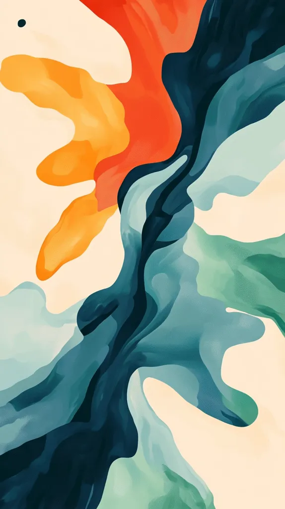 The image is an abstract painting with a cream background and flowing, organic shapes in various shades of blue, teal, green, orange, and red. The colors are vibrant and blend seamlessly, creating a sense of movement and depth. The overall effect is one of fluidity and energy.