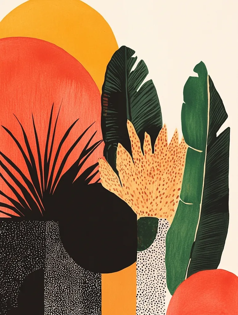 The image is a stylized abstract art piece featuring a vibrant color palette of red, orange, yellow, green, and black. The composition consists of geometric shapes, including circles and semi-circles, juxtaposed against stylized foliage. The overall effect is bold and playful, evoking a sense of tropical vibrancy.
