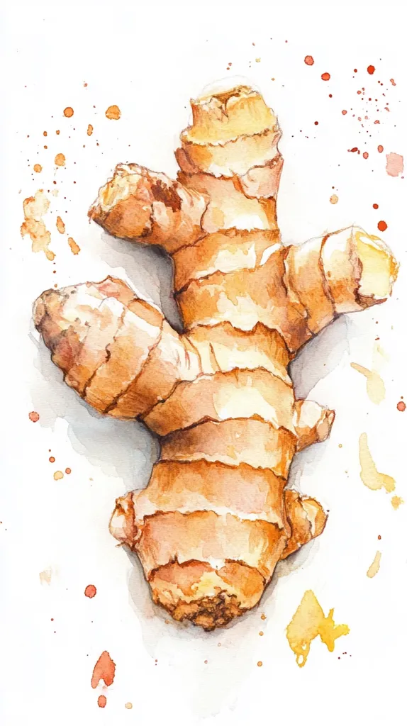 A watercolor painting of a ginger root with its knobby, segmented texture depicted in detail. The root sits on a white background with splatters of orange and yellow watercolor, adding to the organic, earthy feel.  The painting is done in a realistic style with soft, flowing lines and a warm, inviting color palette.