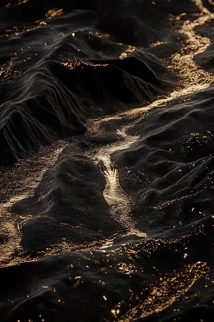 The image shows a dark, textured surface with a meandering, luminous path. The path is formed by a stream of shimmering gold, creating a striking contrast against the black backdrop. The surface appears to be a landscape, perhaps a rocky terrain or a field of volcanic ash. The golden path suggests a sense of movement and flow, while the darkness adds an element of mystery and intrigue.