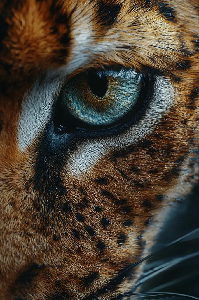 The image is a close-up of a tiger's eye. The eye is a deep blue with a black pupil and a brown iris. The tiger's fur is brown and black with a distinctive pattern. The image captures the intensity and wildness of the tiger's gaze.