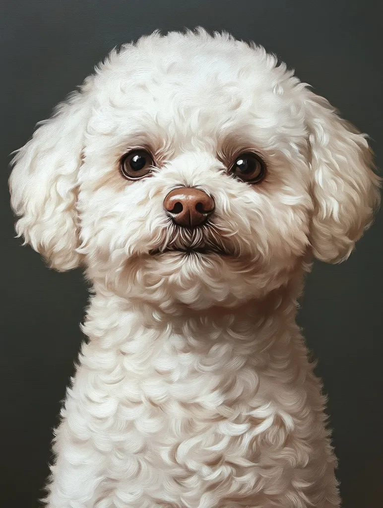 The image shows a close-up portrait of a white poodle with fluffy fur. The dog has a soft, gentle expression, with large, dark eyes and a slightly upturned nose. It's looking directly at the viewer, with its head tilted slightly, as if listening attentively. The background is a simple, dark gray, which allows the dog's white fur to stand out. The painting style is realistic and detailed, capturing the texture of the dog's fur and the subtle nuances of its expression.
