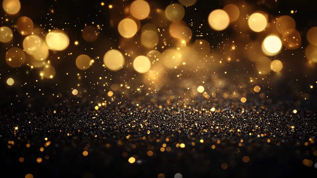 A dark background with a layer of golden glitter in the foreground. A scattering of large golden bokeh lights are in the background. The overall image feels magical and festive. The combination of dark and light creates a sense of depth and wonder.