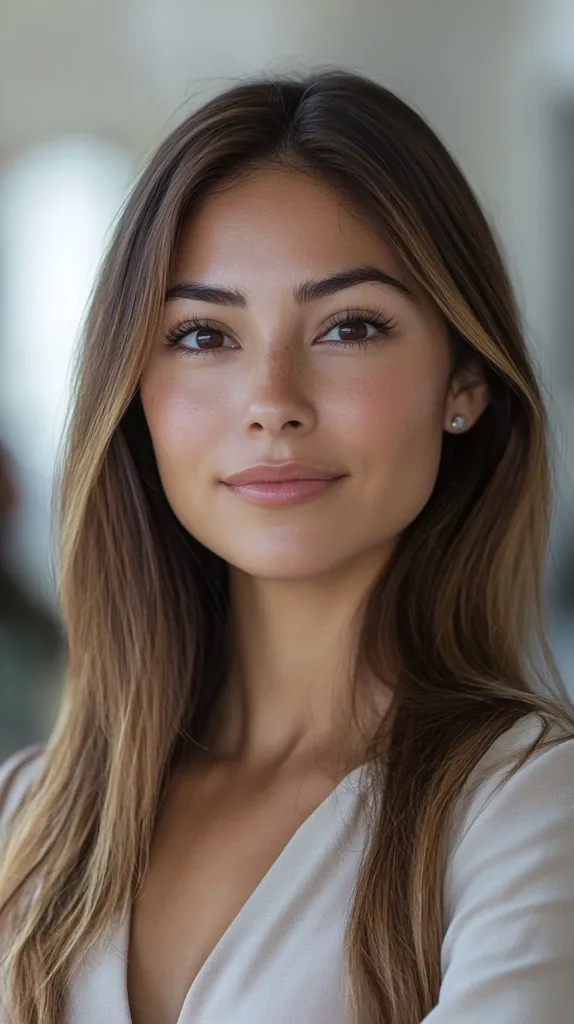 A young woman with long, dark brown hair is looking directly at the camera. She has a soft, natural makeup look with defined brows and a subtle pink lip. Her skin is clear and her eyes are a warm brown color. She is wearing a white top that shows off her delicate features. The background is out of focus, drawing attention to the woman’s face.