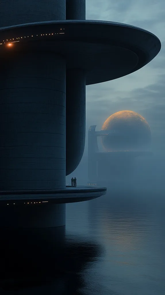 The image shows a futuristic cityscape with a large, circular structure. The structure appears to be a large tower with a wide, flat platform.  There are a few figures standing on the platform. In the background, there is a large, glowing sphere, resembling a moon. The scene is bathed in a soft, blue light, suggesting an atmosphere. The overall impression is one of futuristic architecture and a mysterious, otherworldly environment.